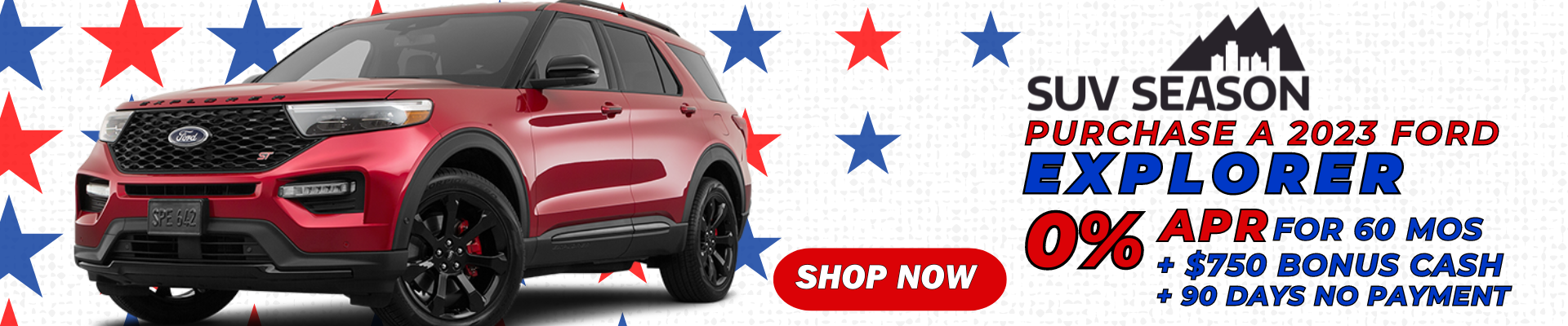 Red Ford Explorer on white background with red and blue star