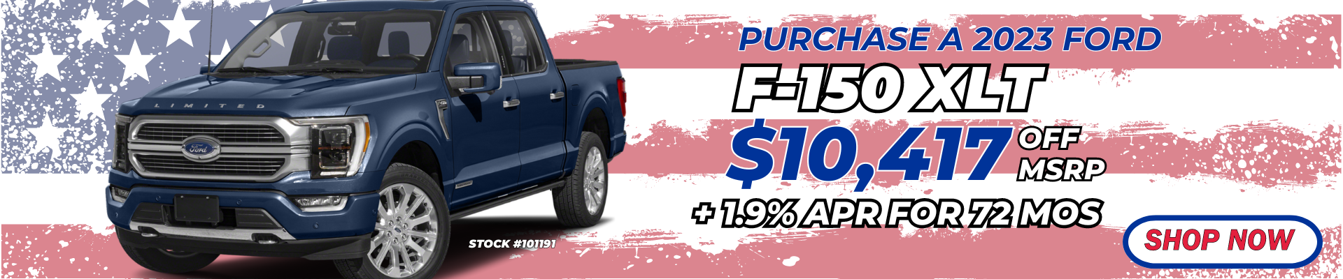 Blue Ford F-150 on American Flag Background